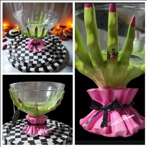 Glam Witch Hands Coquette Bow Halloween Candy Serving Bowl PINK GREEN NEW